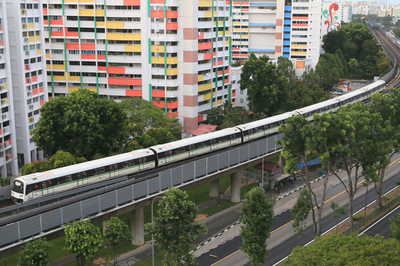 A train passing above ground