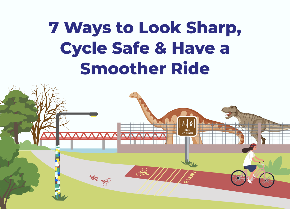Image showing cyclist riding along the cycling path network with title "7 ways to look sharp, cycle safe & have a smoother ride"