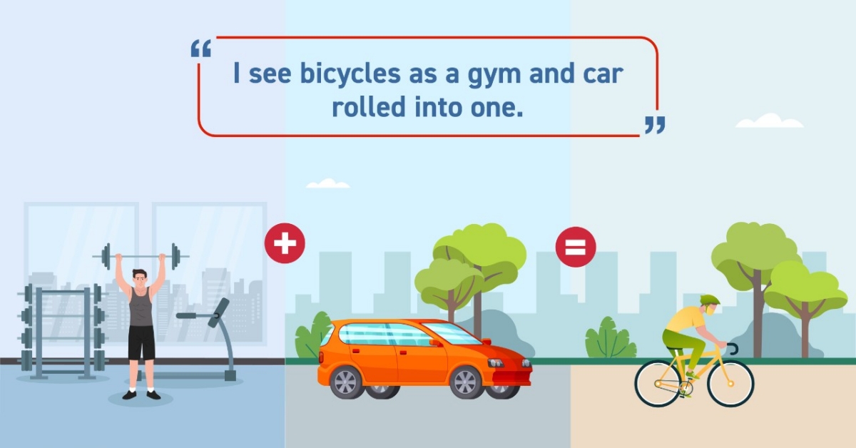 Graphic showing person exercising at gym, beside a car, beside a cyclist riding a bike