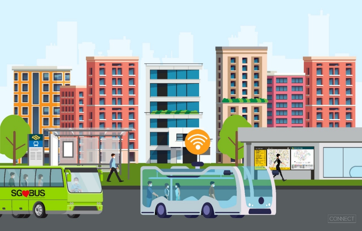 Graphic showing Autonomous Vehicle with public bus on road