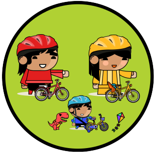 Graphic image of the Family Folk characters with parents and child with bicycles