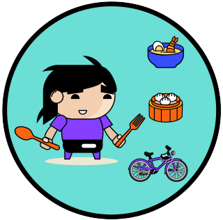 Graphic image of the Foodie character with fork and spoon in his hands