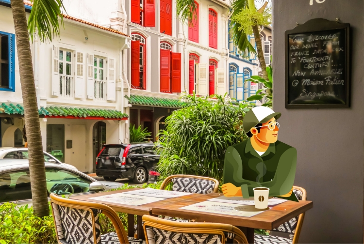 Image of superimposed infographic of man sitting along shophouses cafe at Duxton
