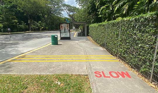 SLOW markings and speed regulating strips 
