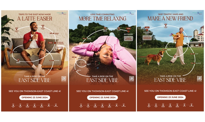 Image of three showing guy with coffee mug, girl at skatepark and guy walking on grass patch for Thomson-East Cosat Line 4