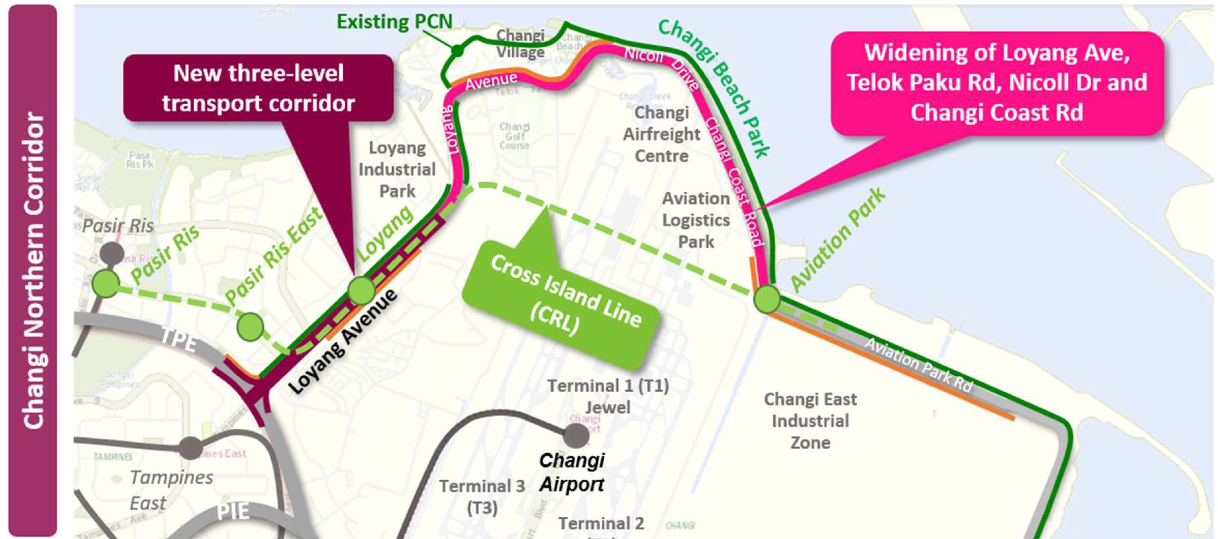 Changi Northern Corridor comprised of Loyang Viaduct, at-grade road and CRL