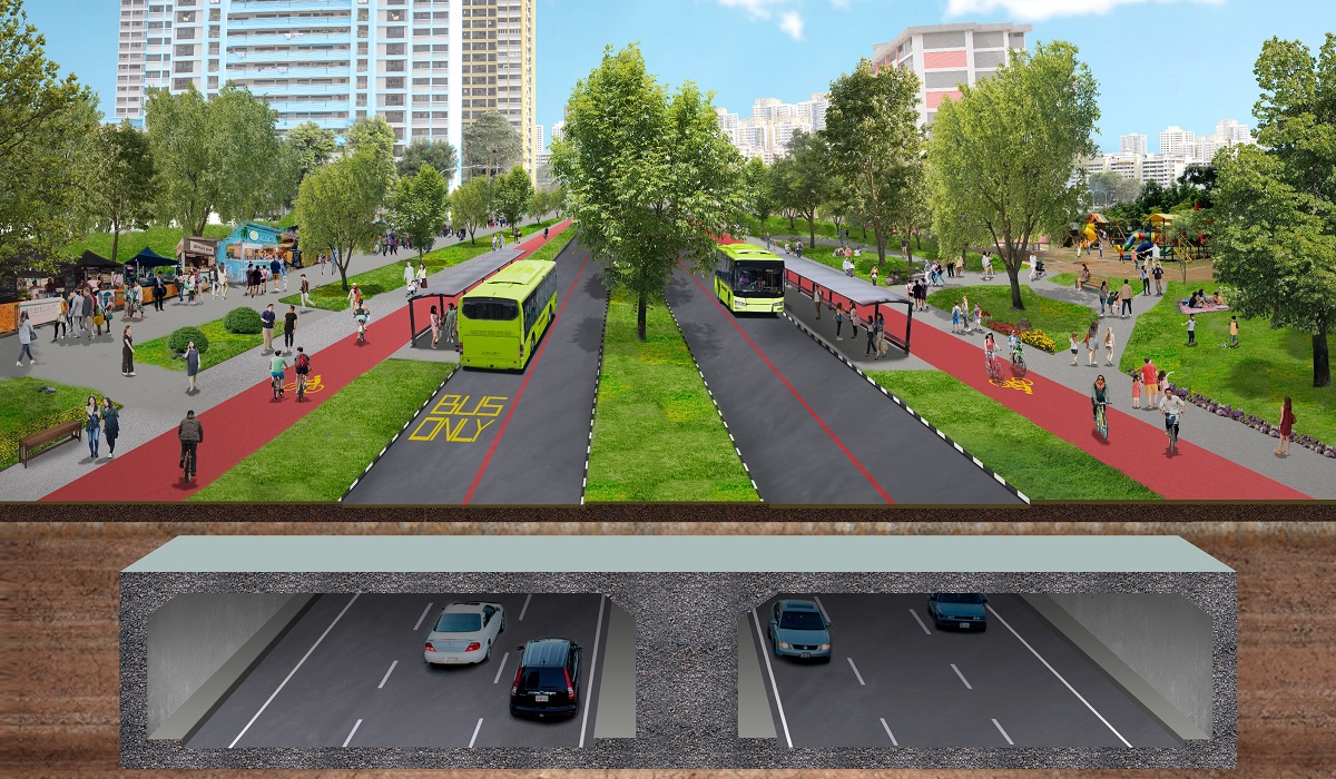 Cross section of the NSC with NSC tunnel and surface streets