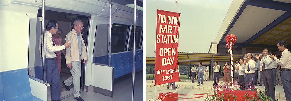 Right: Then Prime Minister Lee Kuan Yew visiting the North-South Line, left: Guests at the opening of Toa Payoh MRT station 