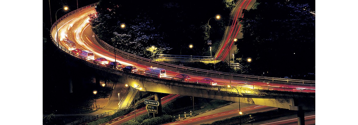 Vehicles traveling on the roads at night