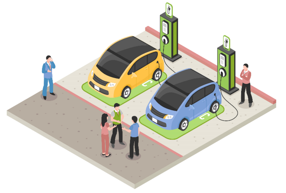 Infographic showing electric cars being charged in a carpark