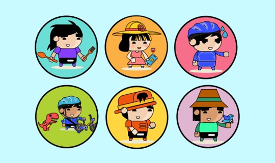 Graphics showcasing different characters in different attires