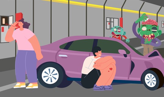 Image of driver hiding behind a car with zombies chasing in road tunnel