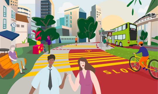 Image of community using the footpath, cycling path and bus lane with train on viaduct