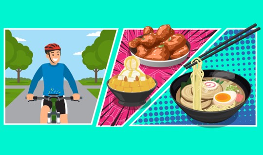 Image of cyclist with good food dishes in a collage image