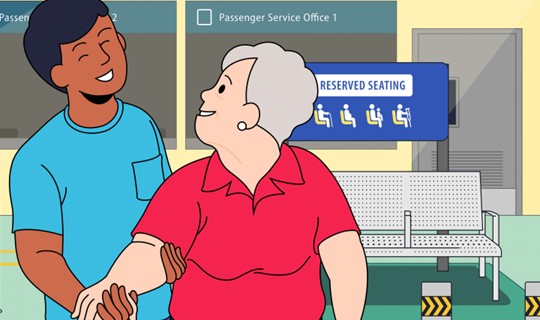 Image of staff helping a senior at a public transport node
