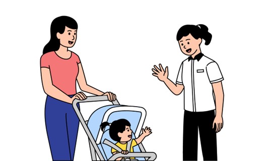 Image of staff helping a mother with toddler in pram