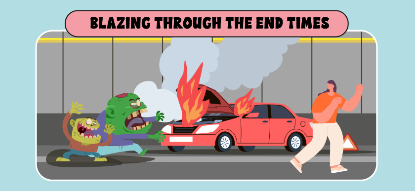 Blazing through the end times - Image of zombies chasing after driver, with car on fire