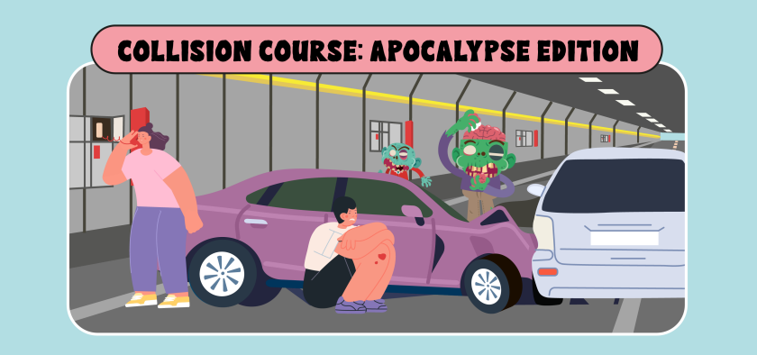 Collision course: apocalypse edition - image of a driver using a helpline phone in a road tunnel to report an incident as zombies walk around chasing drivers