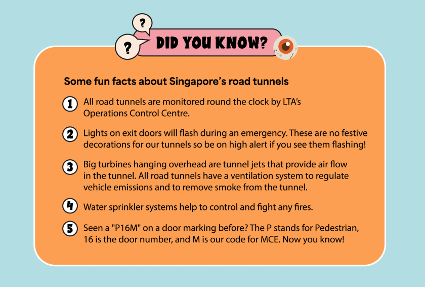 Image includes a drop-down bullet point list of fun facts about Singapore's road tunnels
