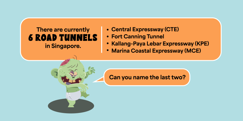 Infographic asking what are the two tunnels not listed, other than CTE, Fort Canning Tunnel, KPE and MCE