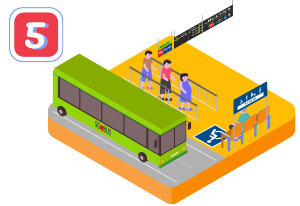 Image of infographic featuring commuters waiting at a bus interchange with vibrant info display signages