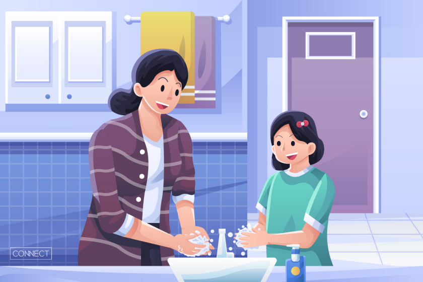 Graphic of mother and daughter washing hands