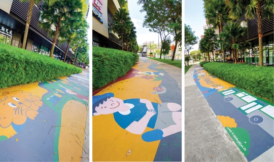 A 50-metre mural on the footpath in front of Le Quest Mall at Bukit Batok, painted by members of the public in March 2023.