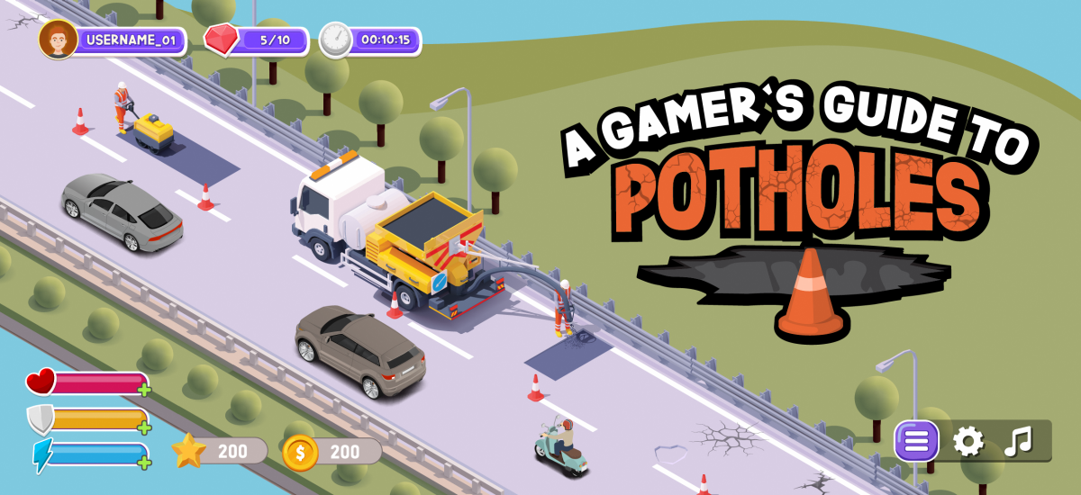 Image of pothole on road with title of CONNECT article "A Gamer's Guide to Potholes"