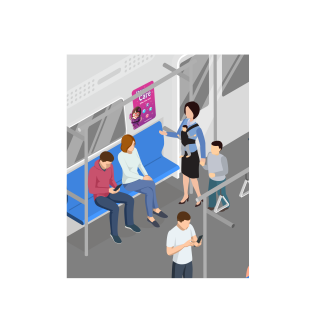 Graphic of commuters on train with a mother and child about to take a seat on a priority seat