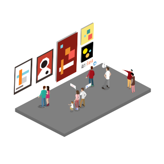Graphic image of commuters looking at art displayed on walls