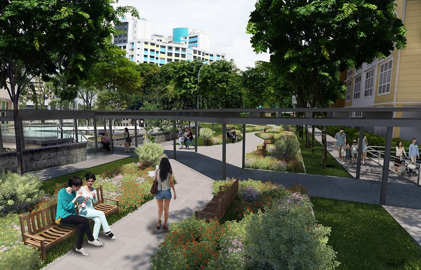 An artist impression image featuring the pedestrianised Choa Chu kang Terrace, with a long sheltered walkway