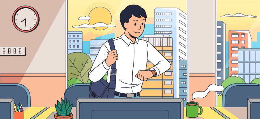 Image of an office worker getting into office early and happily