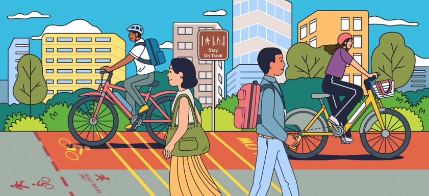 Image of cyclists enjoying the cycling path, while pedestrians use the footpath to walk